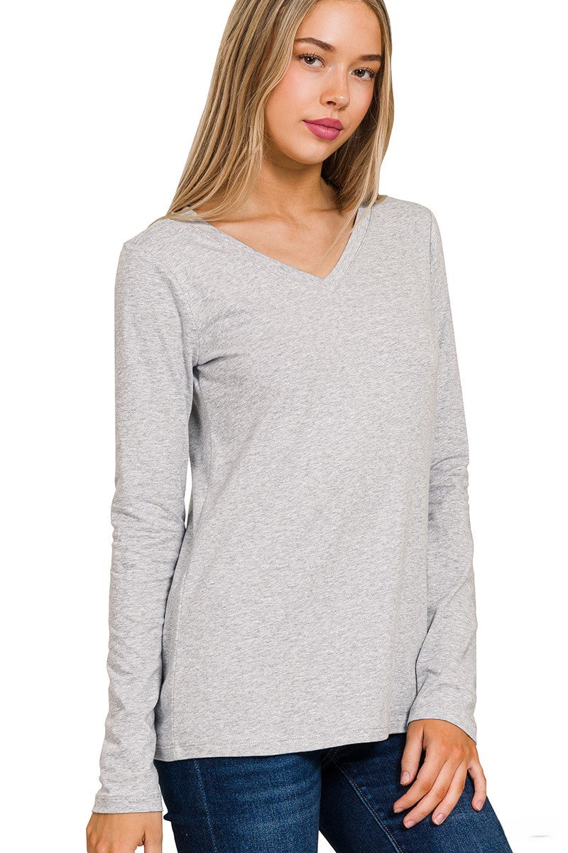 Cotton V-Neck Long Sleeve T-Shirt