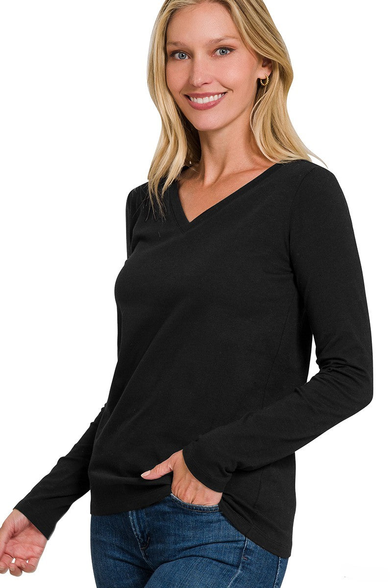 Cotton V-Neck Long Sleeve T-Shirt