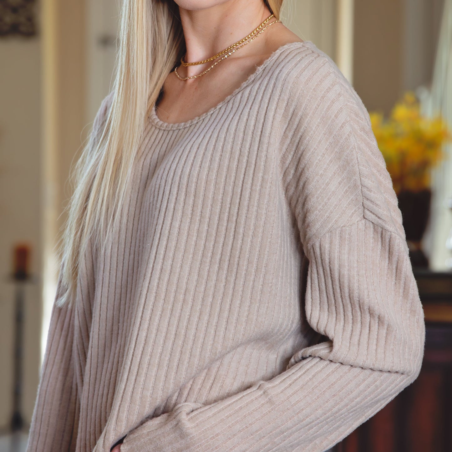 Casual Knit Long Sleeve Drop Shoulder Top