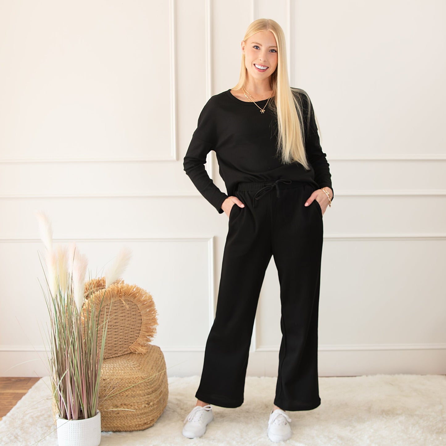 Textured Long Sleeve Tops and Pants Lounge Set