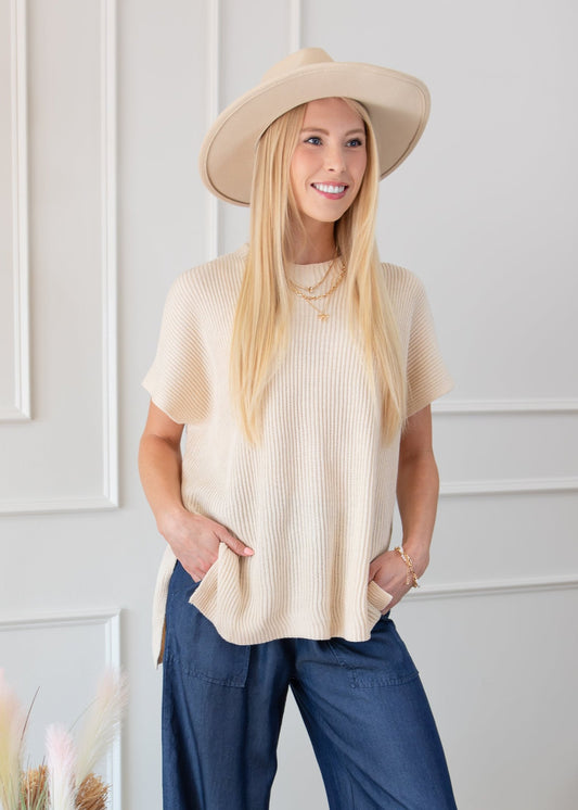 Short Sleeve Side Slit Oversized Sweater