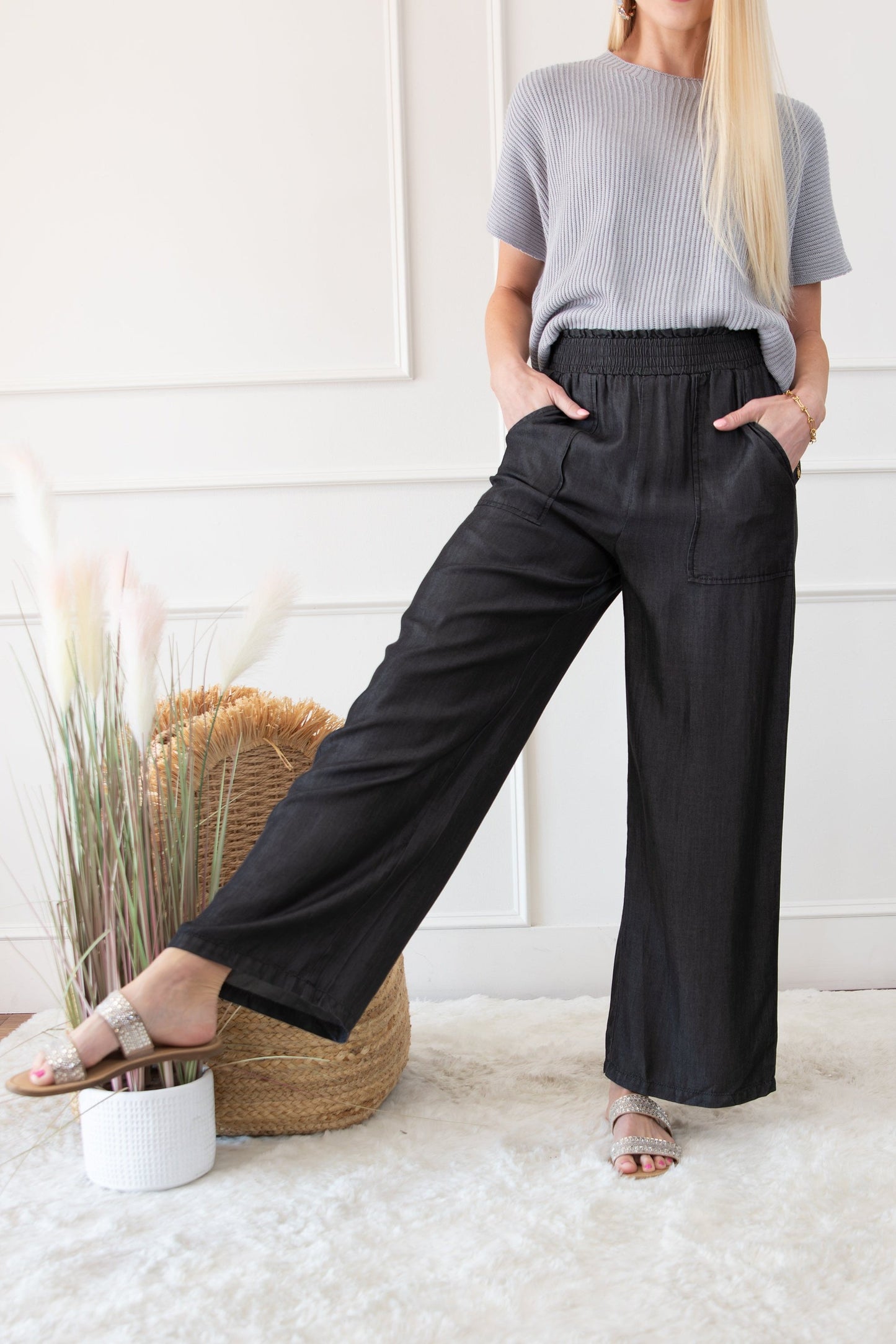 Side Pockets Frilled Smocked High Waist Wide Leg Lightweight Jeans