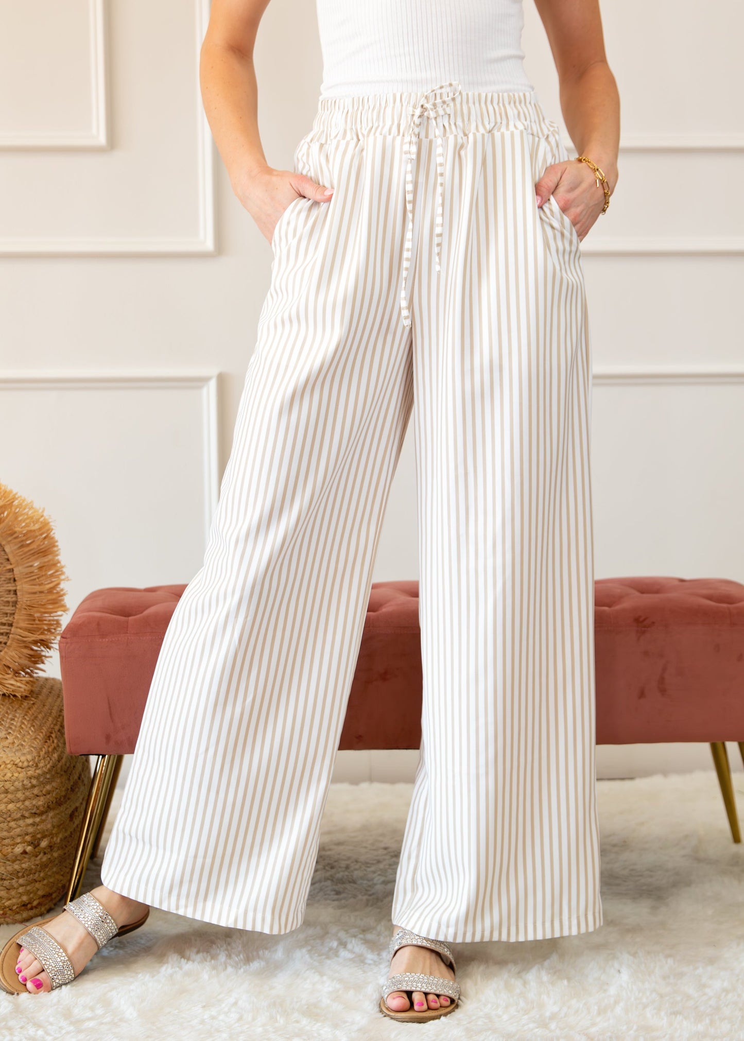 Stripe Wide Leg Adjustable Drawstring Waist Pants