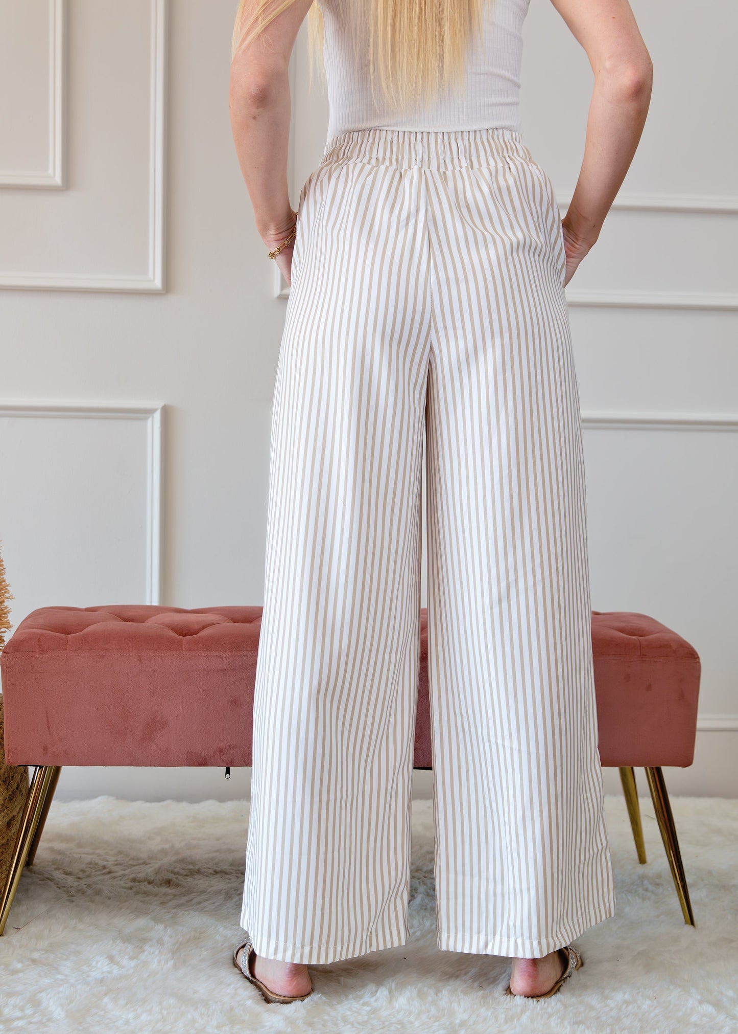 Stripe Wide Leg Adjustable Drawstring Waist Pants