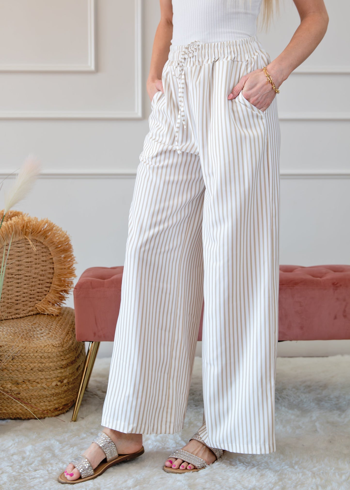 Stripe Wide Leg Adjustable Drawstring Waist Pants