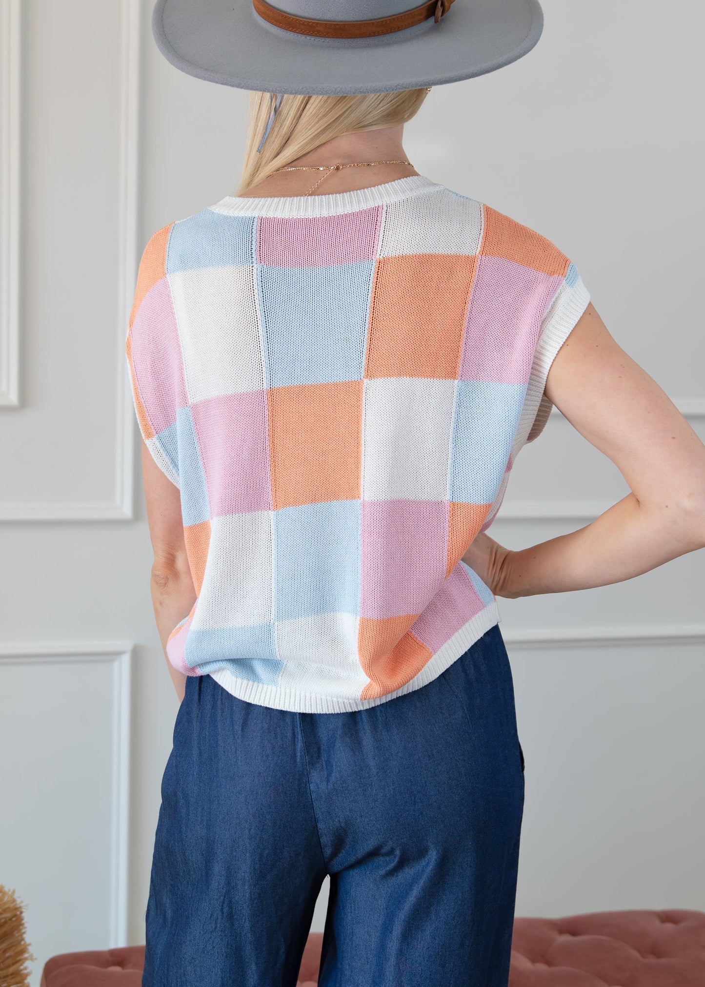 Checkered Color Block Cap Sleeve Sweater