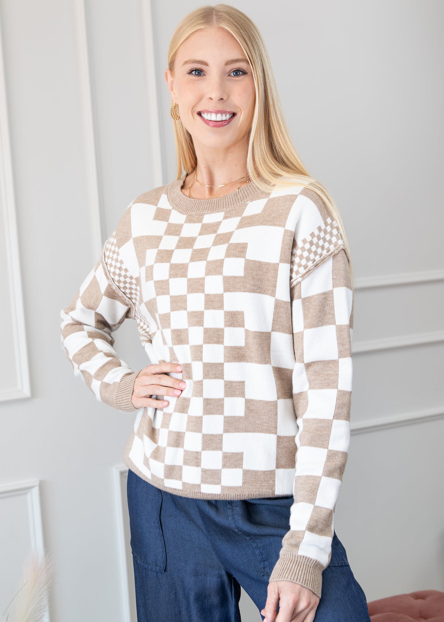 Checkered Drop Shoulder Round Neck Sweater