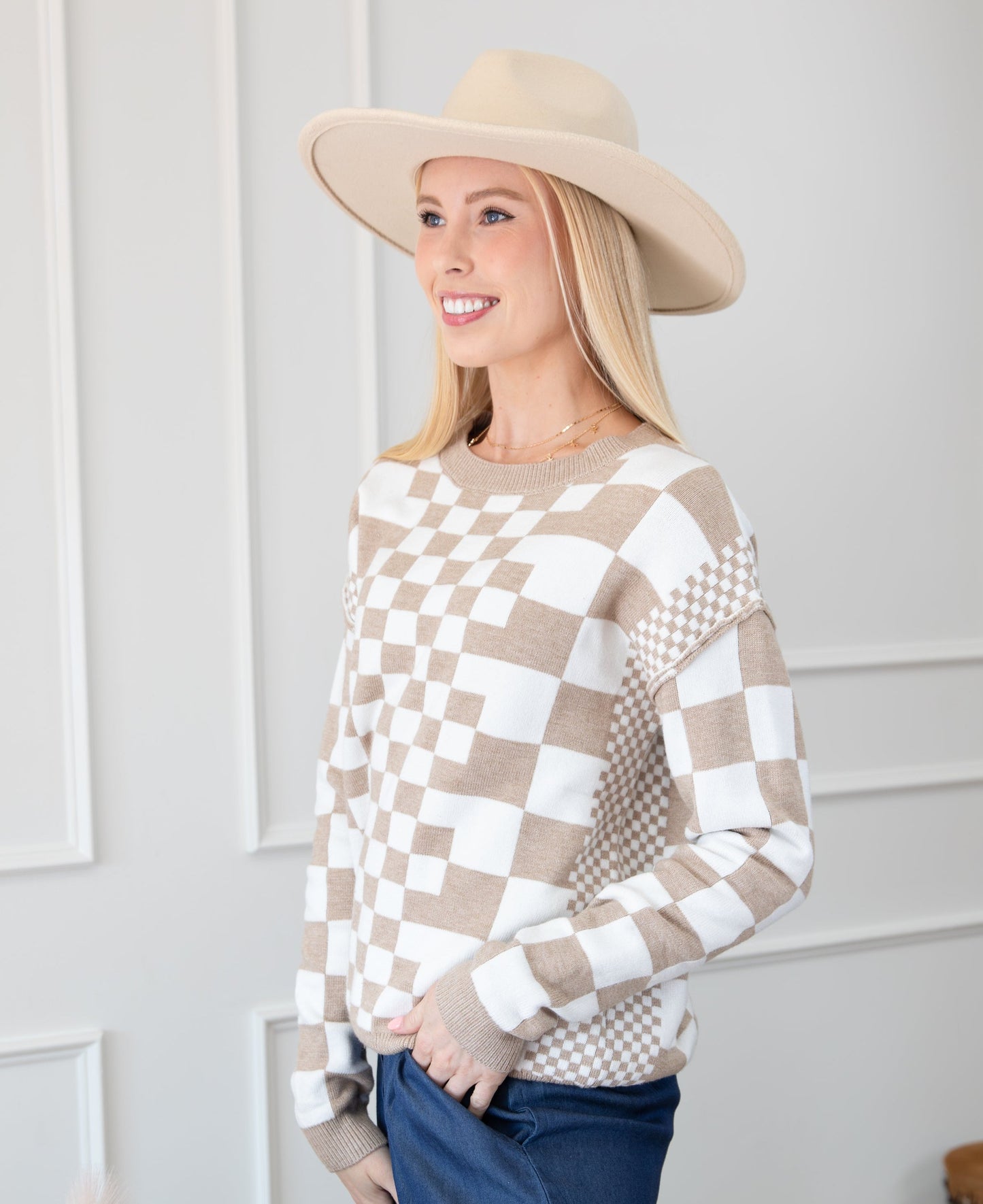 Checkered Drop Shoulder Round Neck Sweater