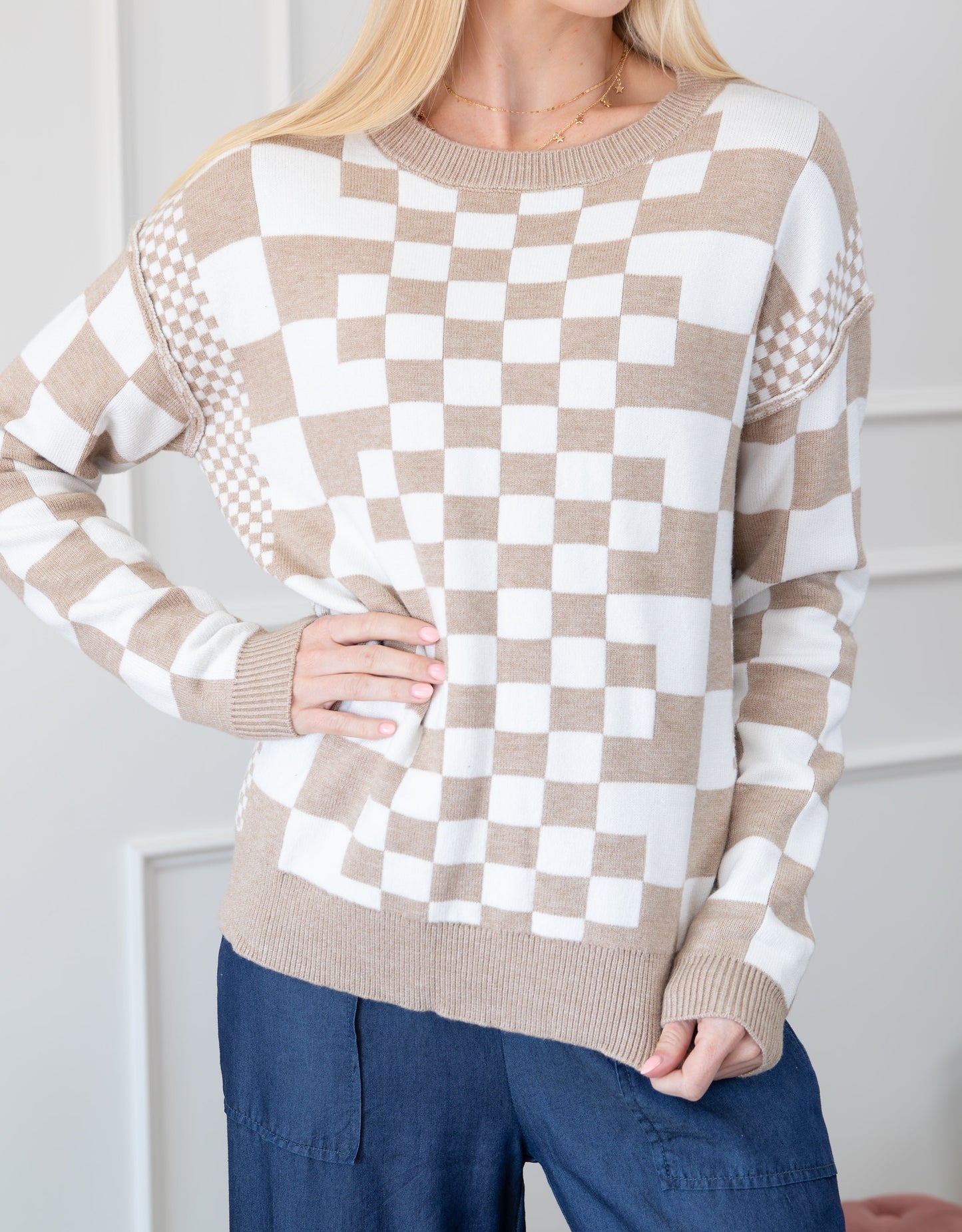 Checkered Drop Shoulder Round Neck Sweater