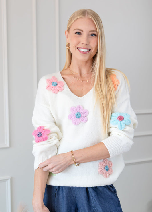 Crochet Flower V Neck Sweater