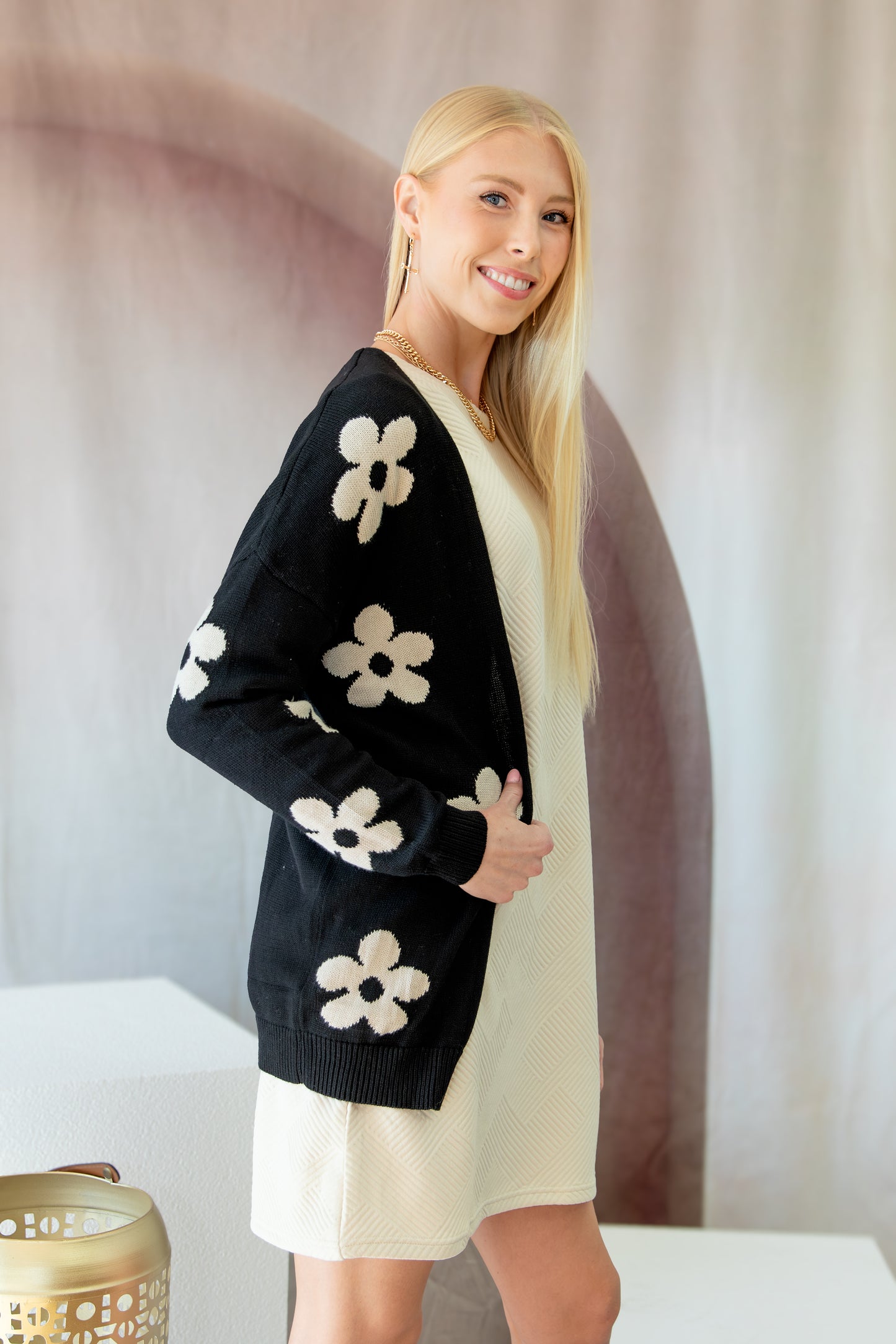 Floral Print Knitted Open Front Loose Cardigan