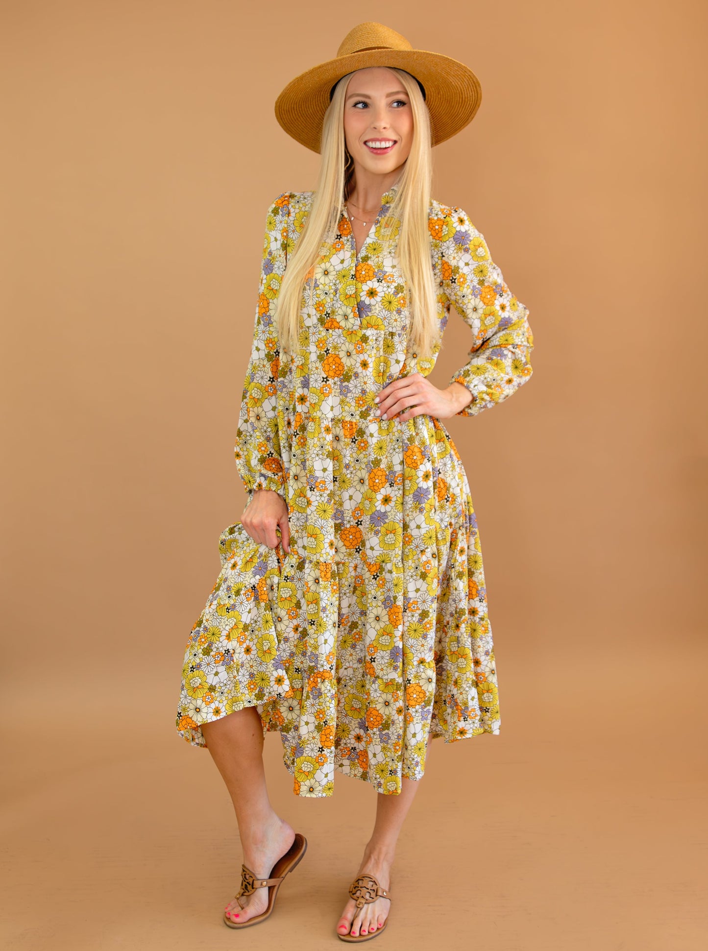 Boho Floral Collared Long Sleeve Ruffled Dress