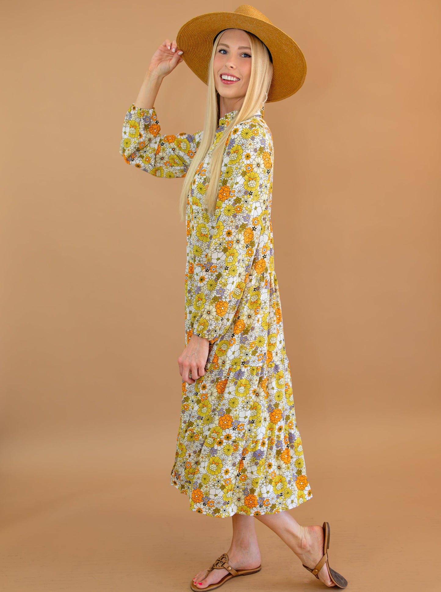 Boho Floral Collared Long Sleeve Ruffled Dress