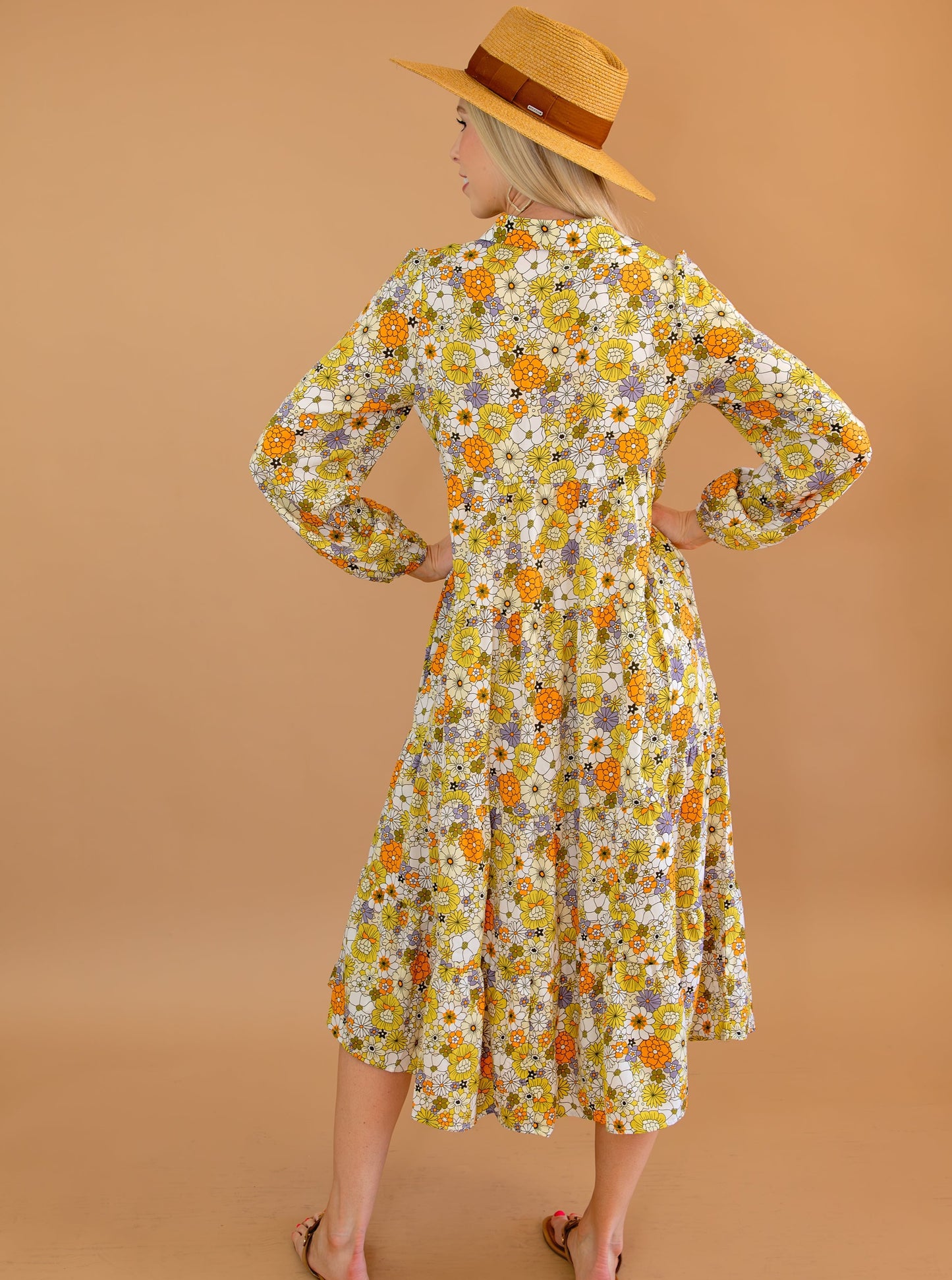 Boho Floral Collared Long Sleeve Ruffled Dress