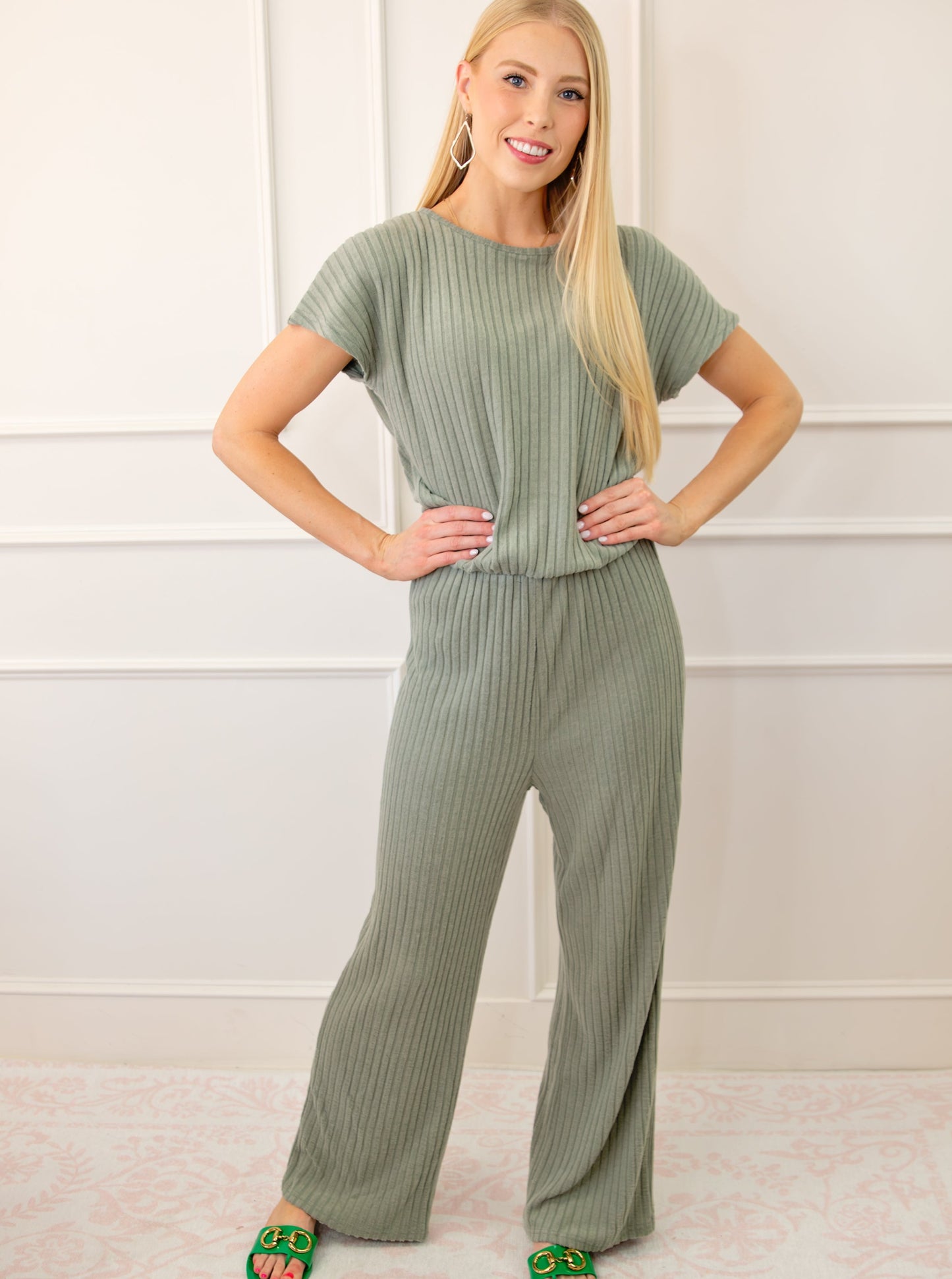 Ribbed Short Sleeve Wide Leg Jumpsuit