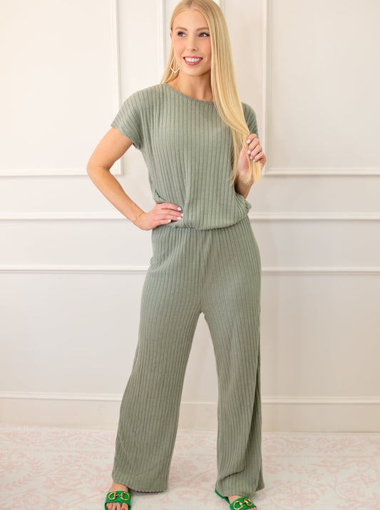 Ribbed Short Sleeve Wide Leg Jumpsuit