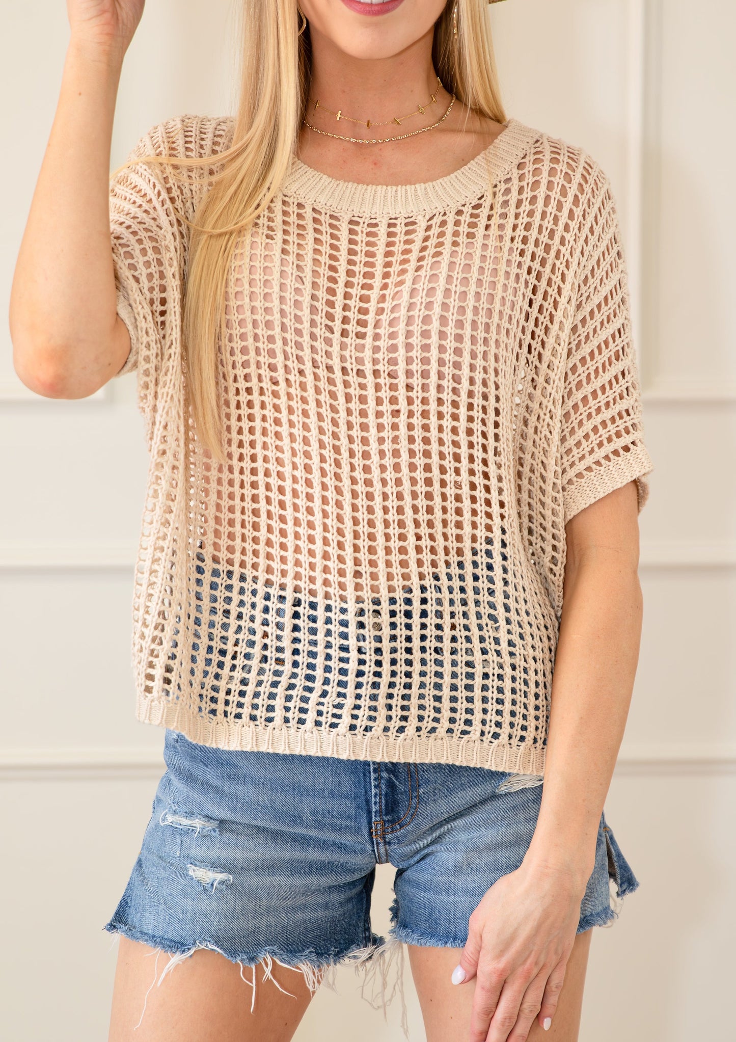 Fishnet Round Neck Short Sleeve Top