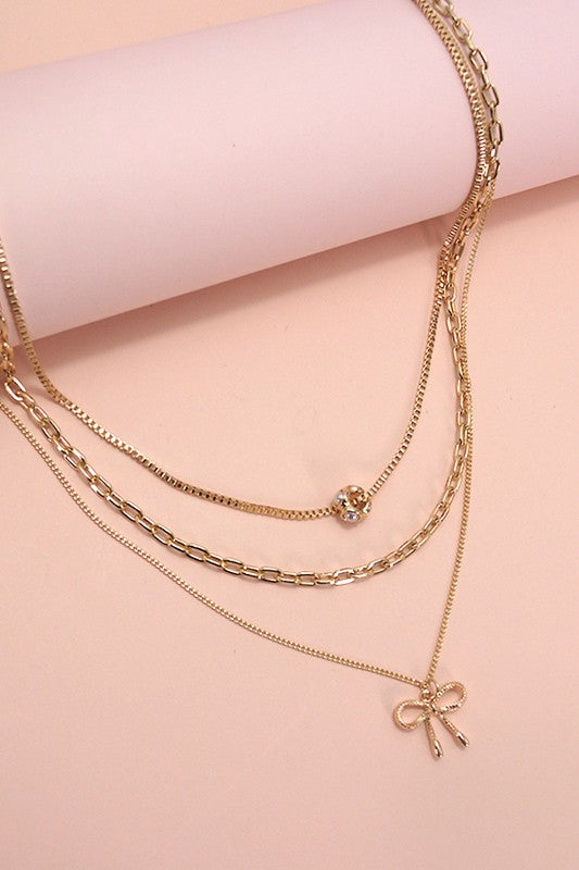 Multi Layer Pearl Bow Charm Necklace