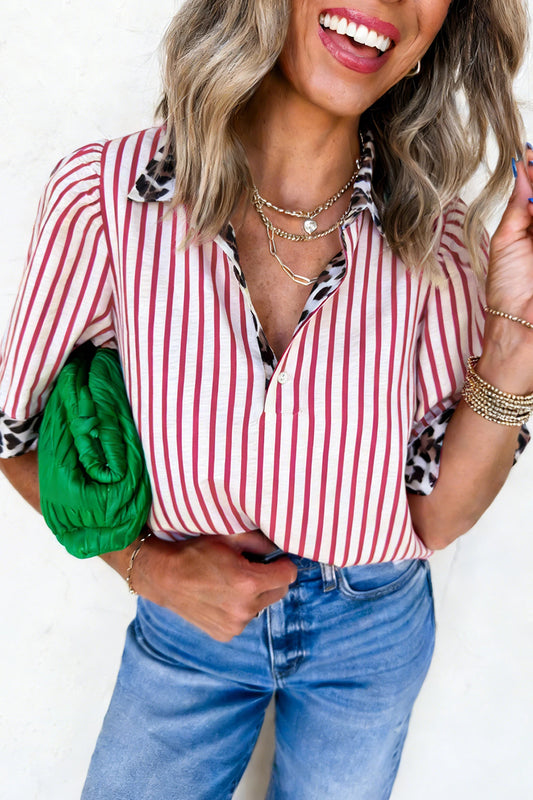 Leopard Trim Striped Half-Button Blouse | S-XL