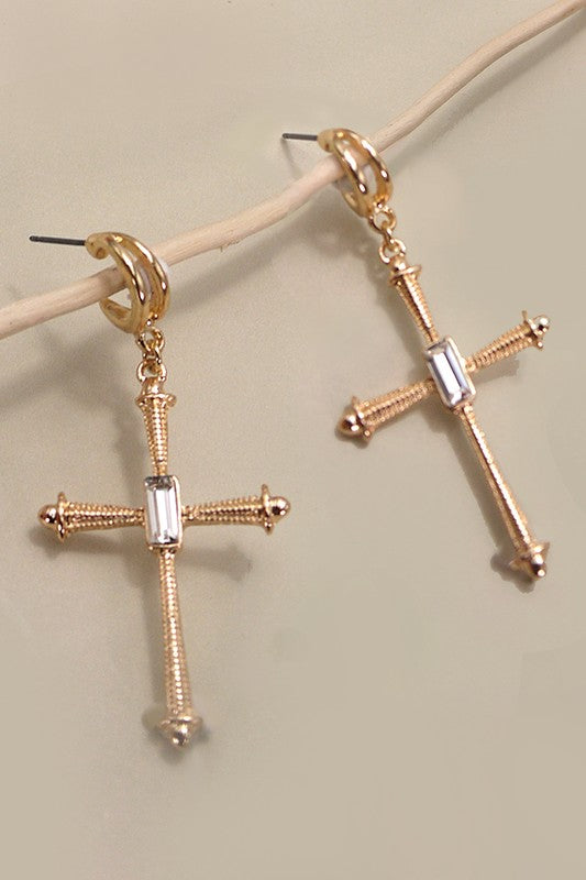 Cross Rhinestone Drop Hoop Earrings