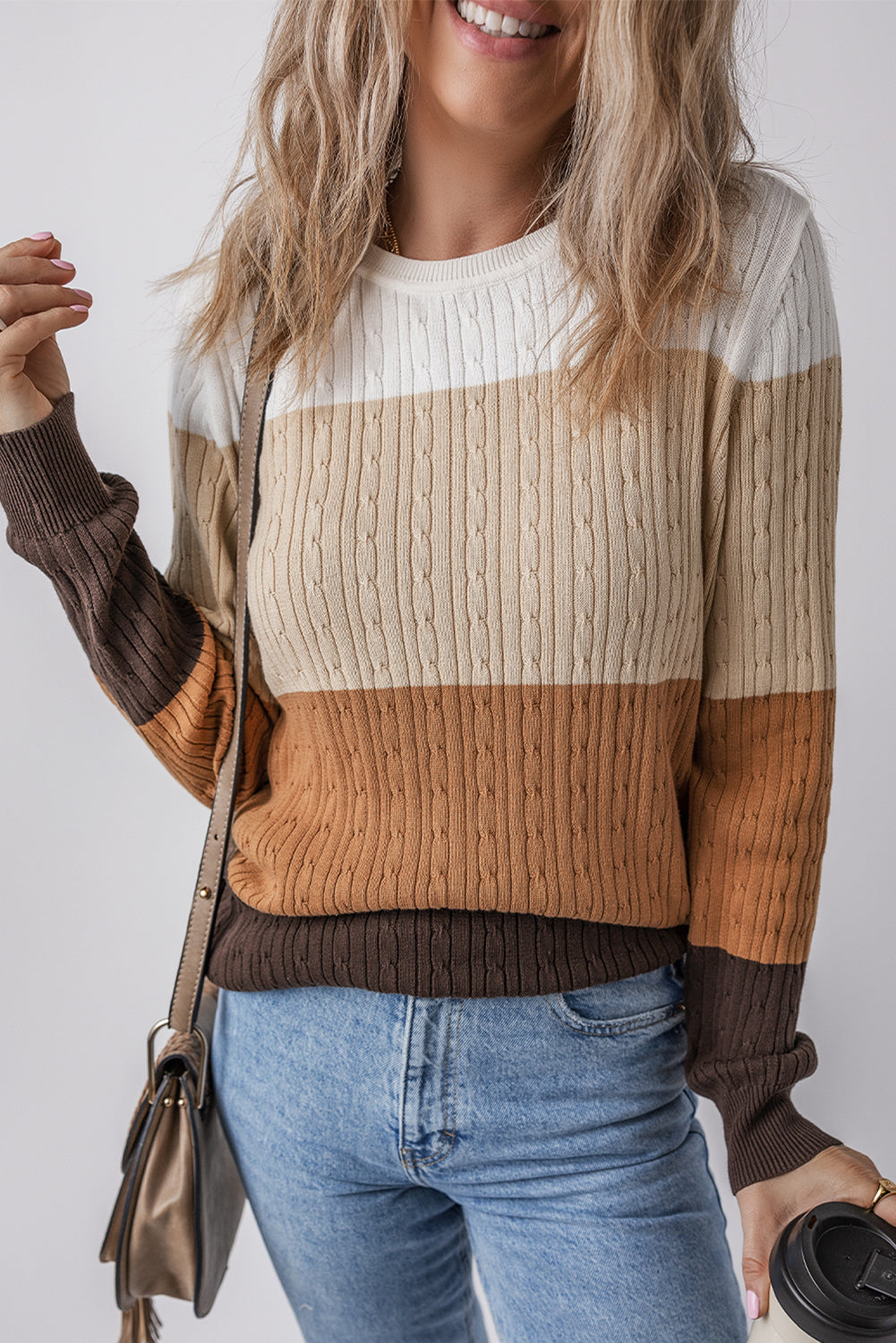 Colorblock Cable Knit Round Neck Sweater | S-XL