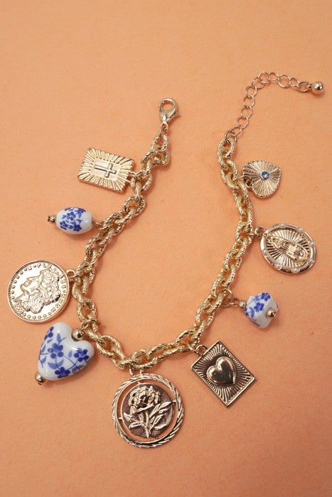 Blue Ceramic Porcelain Coin Cross Charm Bracelet