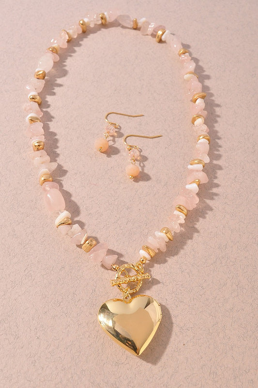 Heart Locket It Pendant Beaded Necklace & Earrings Set