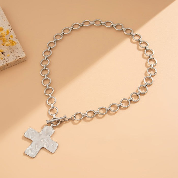 Hammered Cross Front Toggle Necklace