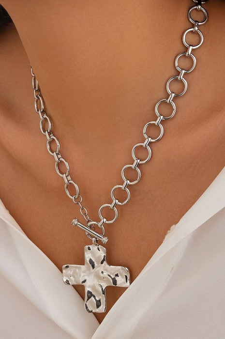 Hammered Cross Front Toggle Necklace