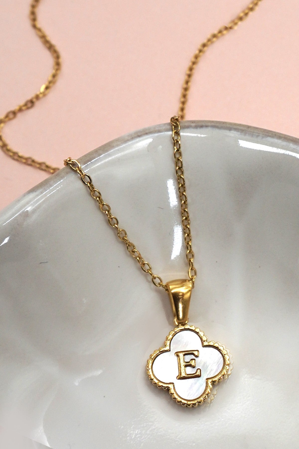 18k Stainless Steel Mother of Pearl Clover Initial Necklace