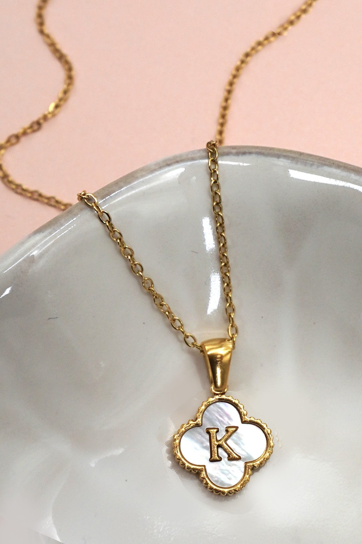 18k Stainless Steel Mother of Pearl Clover Initial Necklace