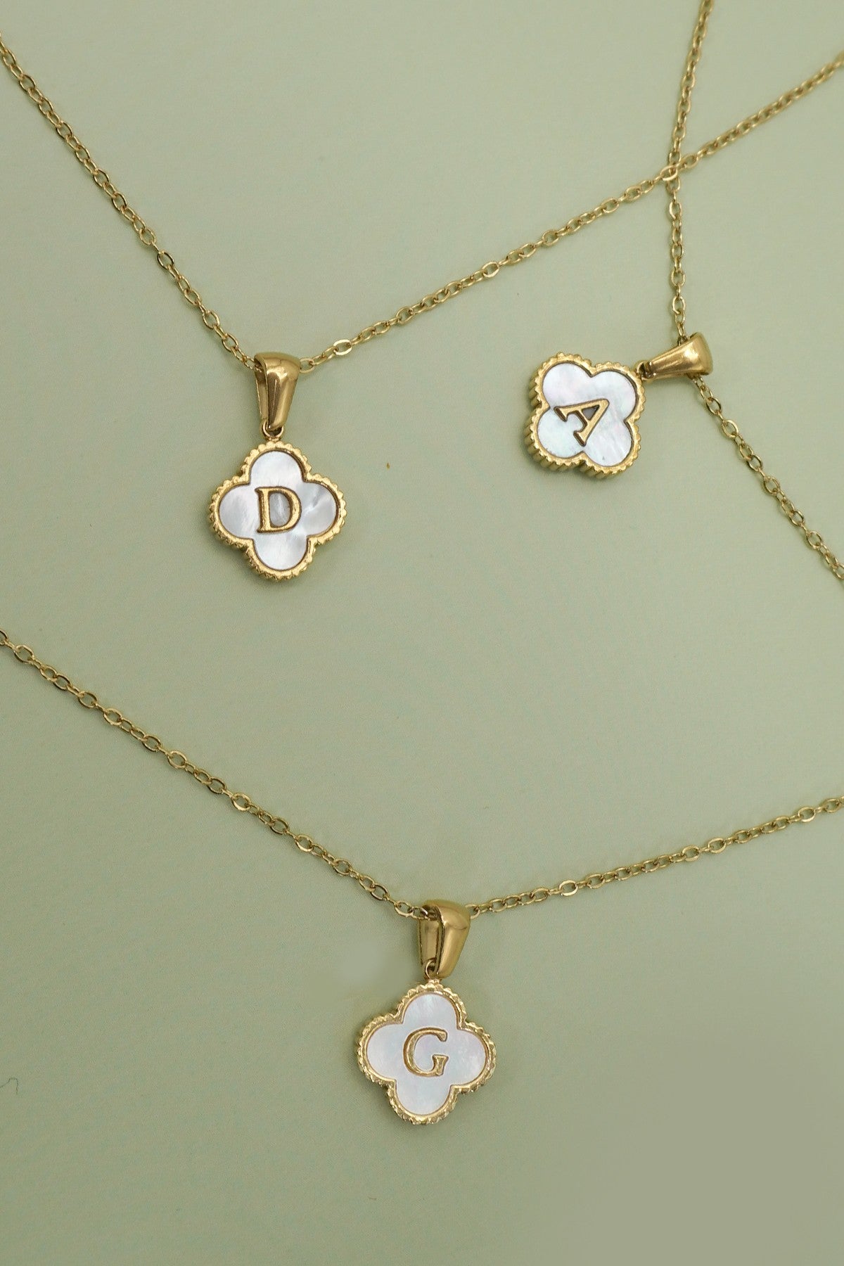18k Stainless Steel Mother of Pearl Clover Initial Necklace