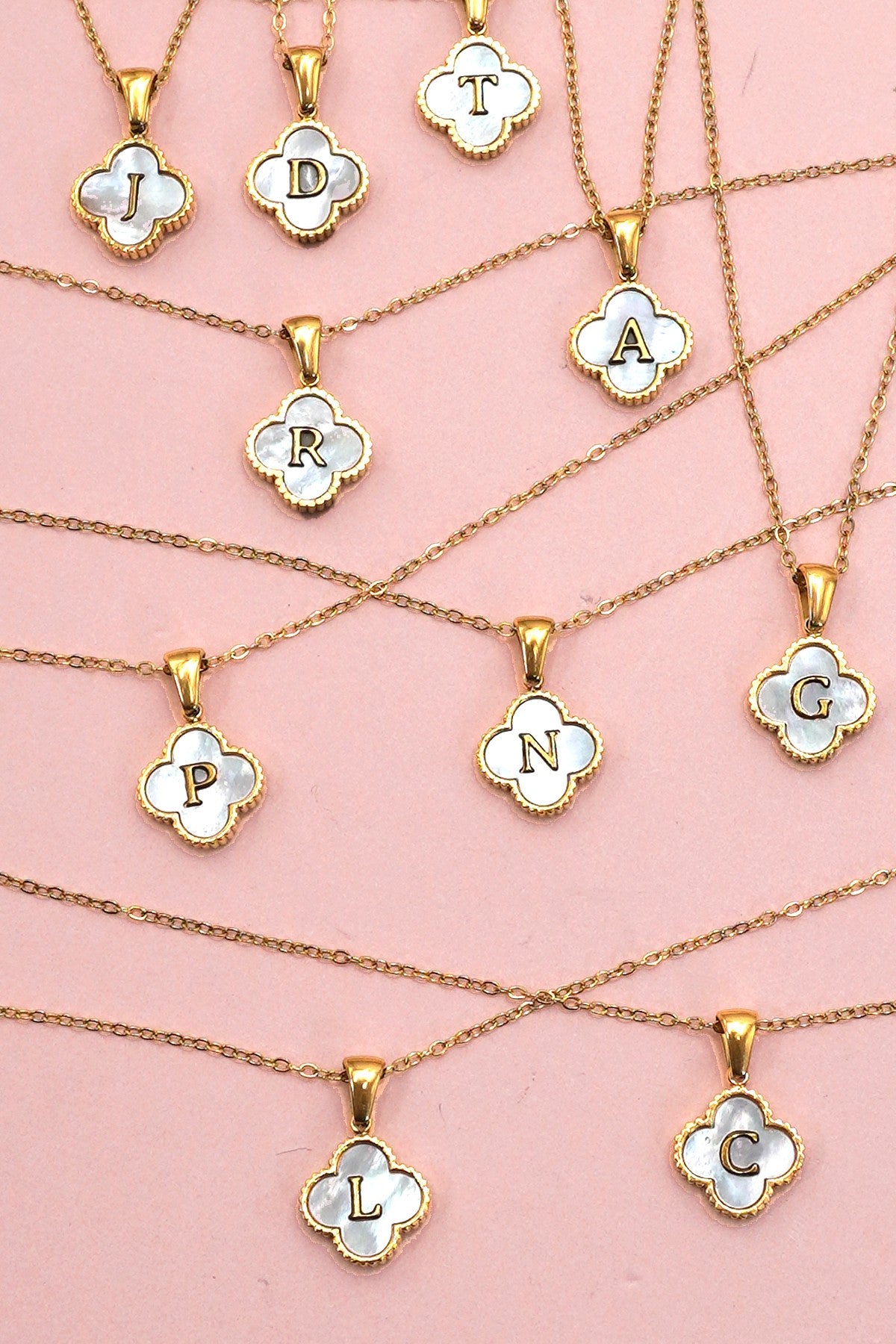 18k Stainless Steel Mother of Pearl Clover Initial Necklace