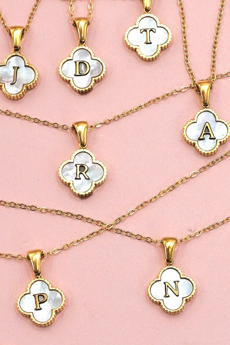 18k Stainless Steel Mother of Pearl Clover Initial Necklace