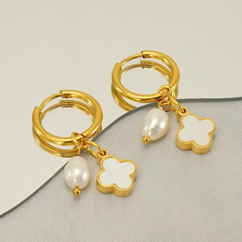 18k Stainless Steel Pearl & Clover Charm Hoops