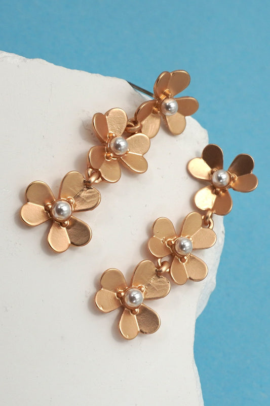 Matte Gold Flower Cascade Drop Earrings