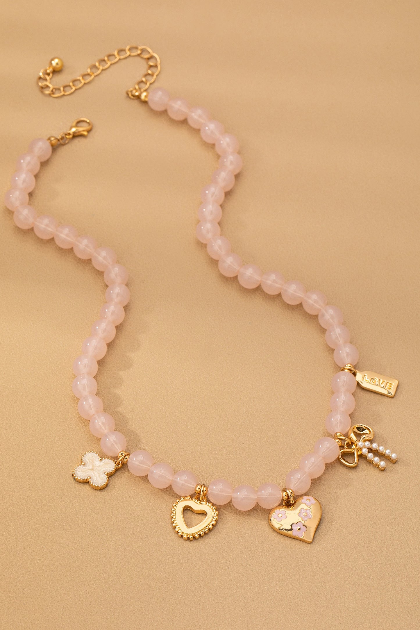 Beaded Charm Necklace-Heart Bow Clover