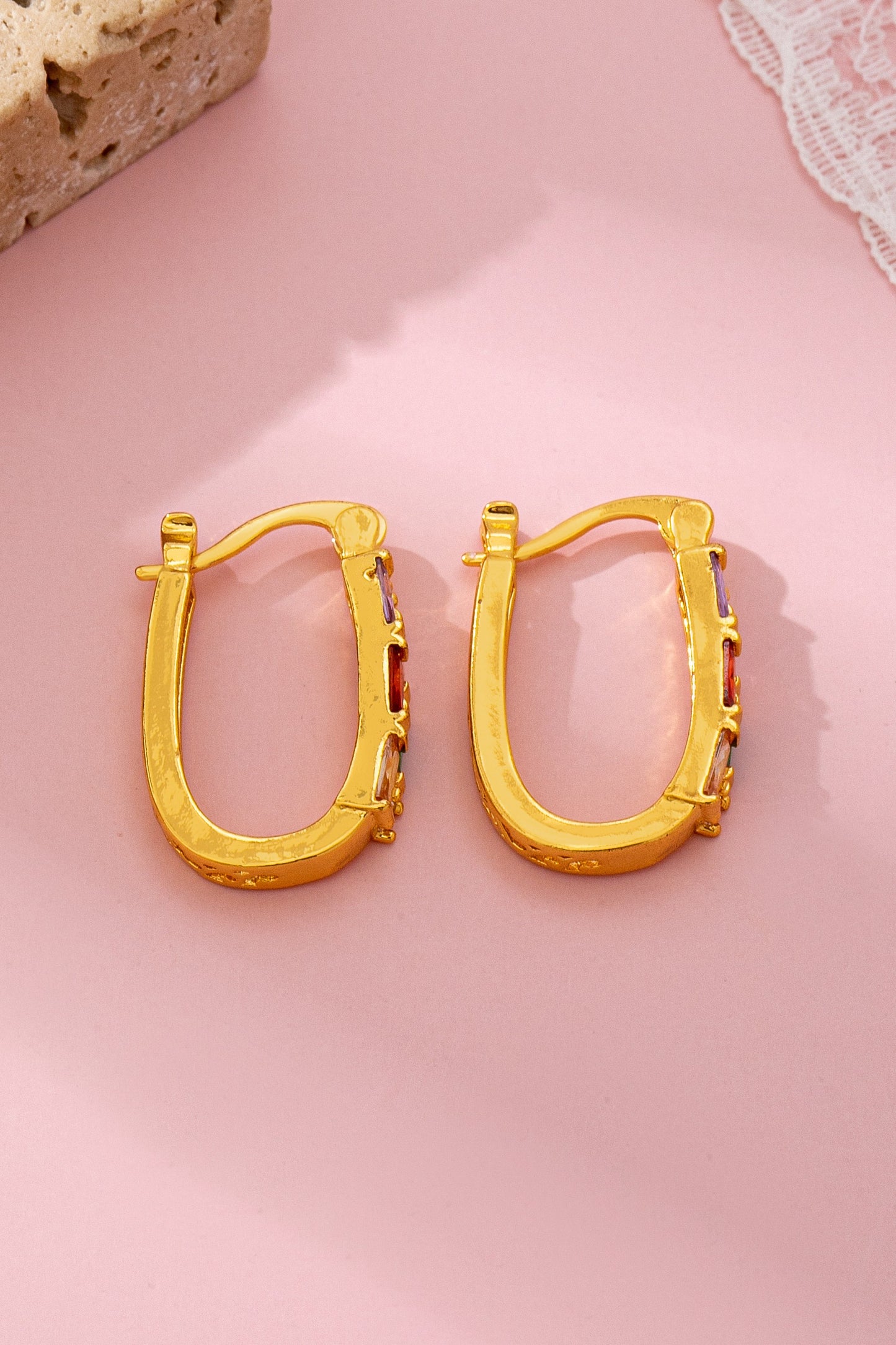 Rainbow Gemstone Bar Hoop Earrings