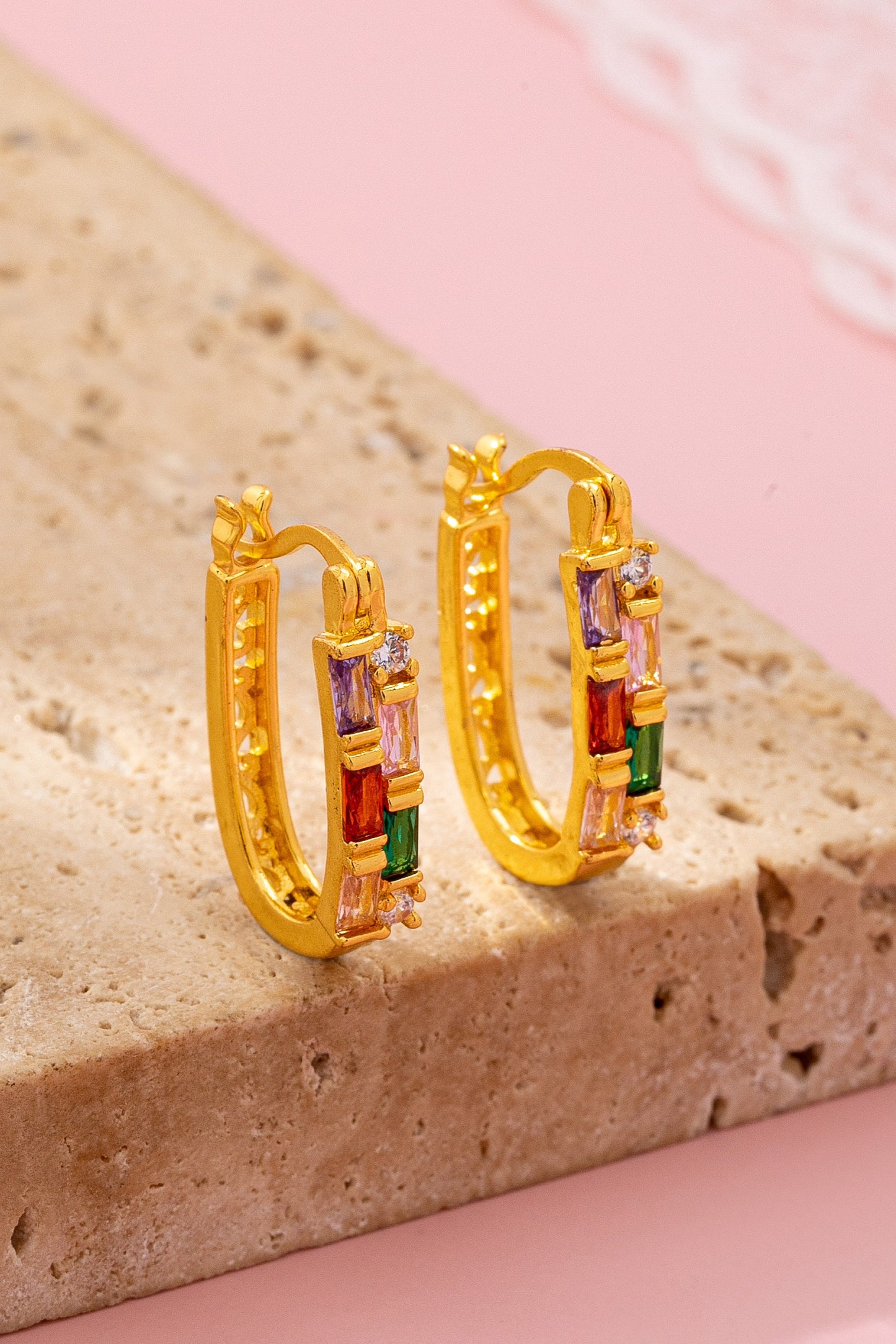 Rainbow Gemstone Bar Hoop Earrings