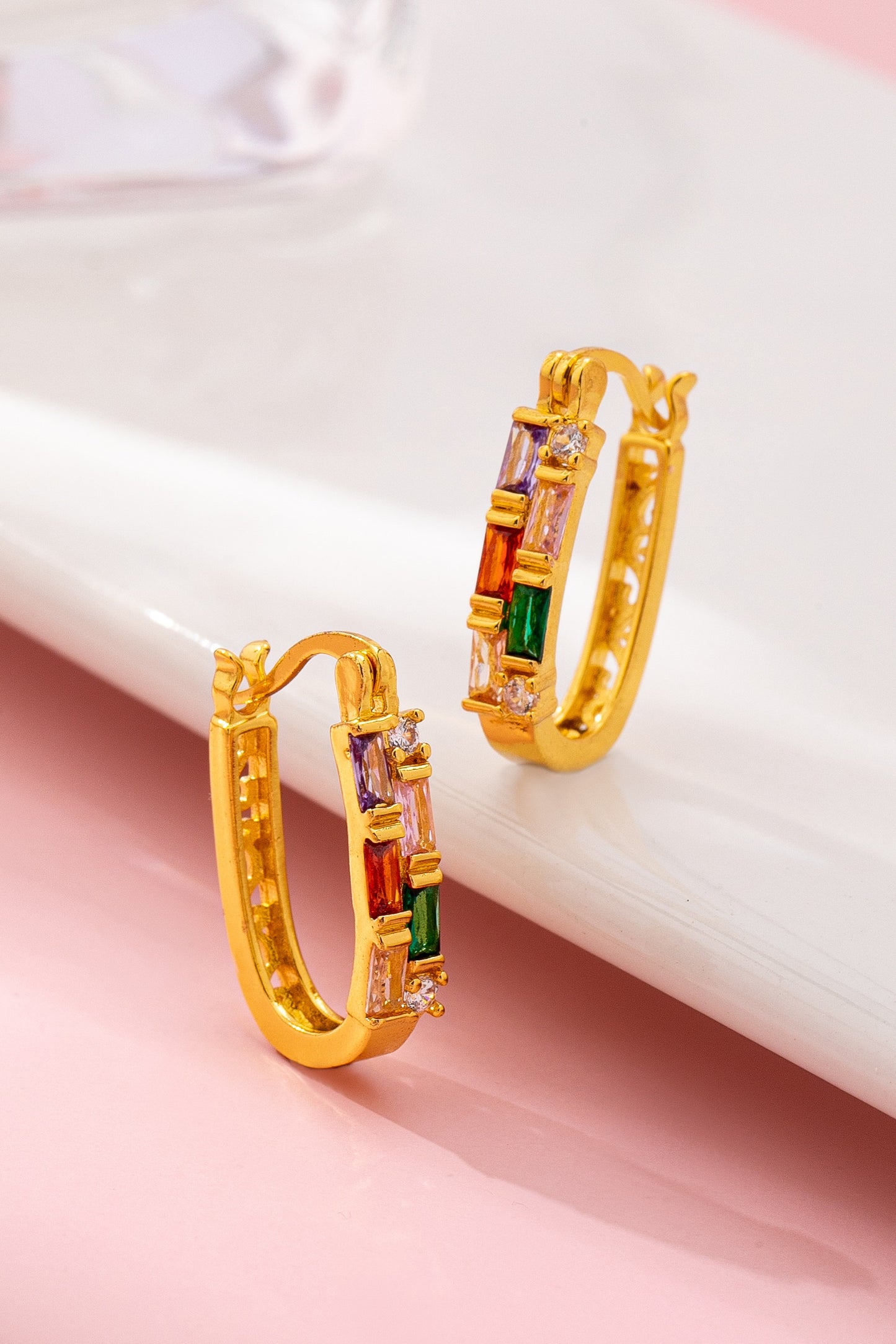 Rainbow Gemstone Bar Hoop Earrings