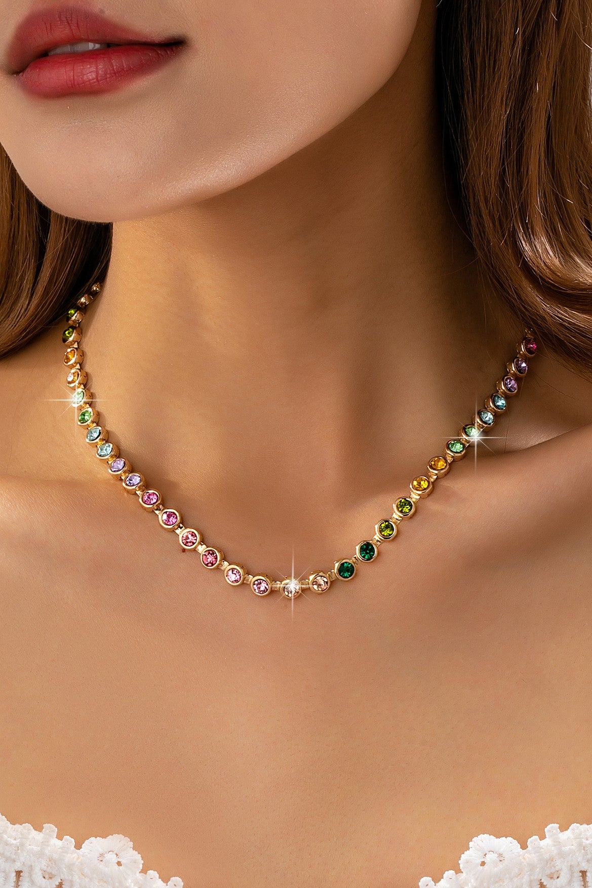 Rainbow Bezel-set Gemstone Tennis Necklace
