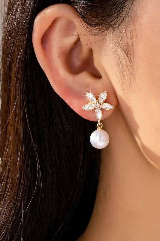 Glass Crystal Star-flower & Round Pearl Earrings