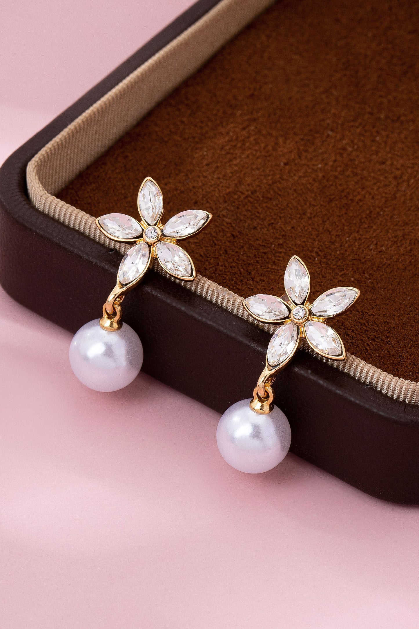 Glass Crystal Star-flower & Round Pearl Earrings