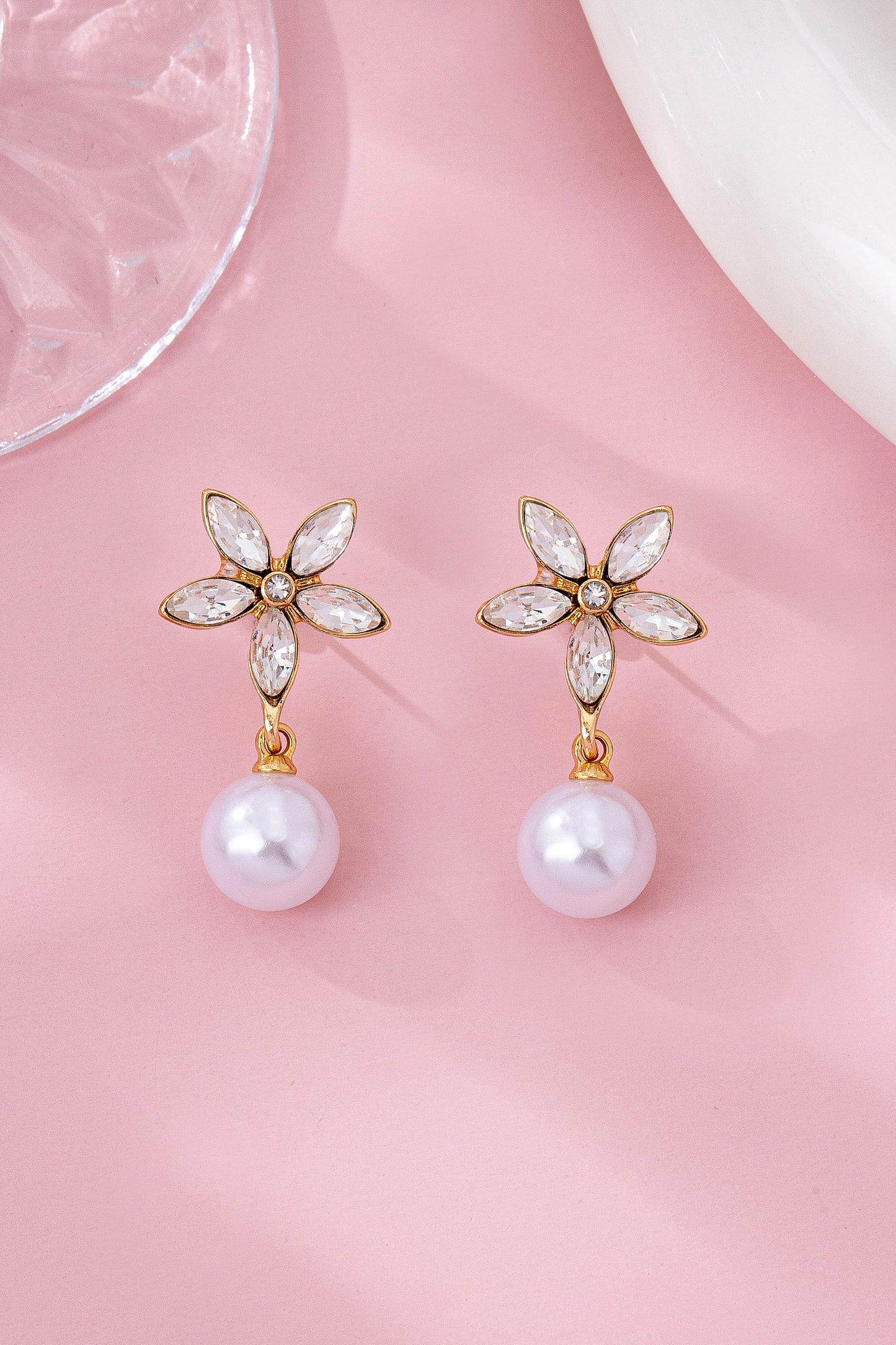 Glass Crystal Star-flower & Round Pearl Earrings
