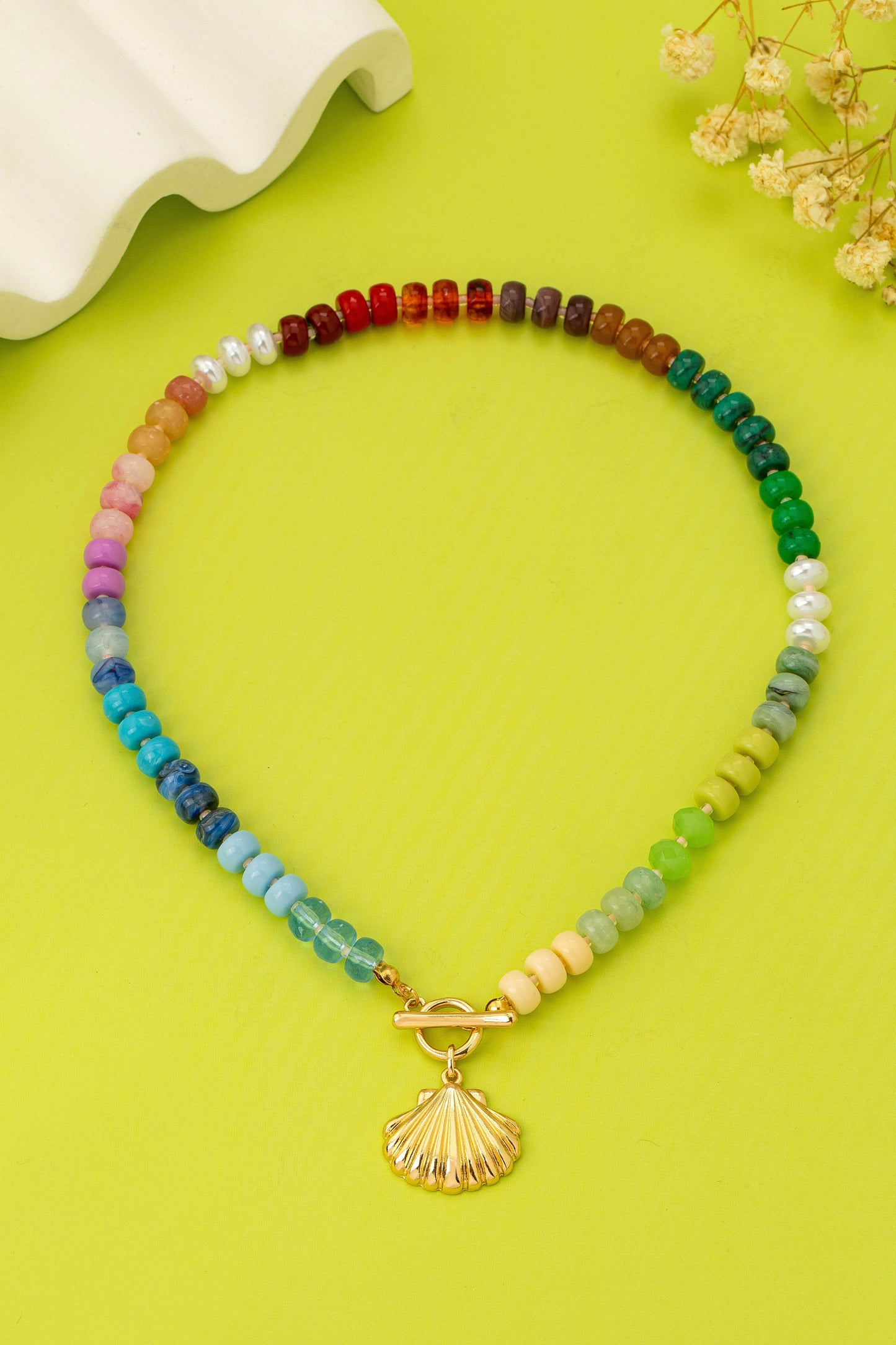 Rainbow Beaded Seashell  Toggle Charm Necklace