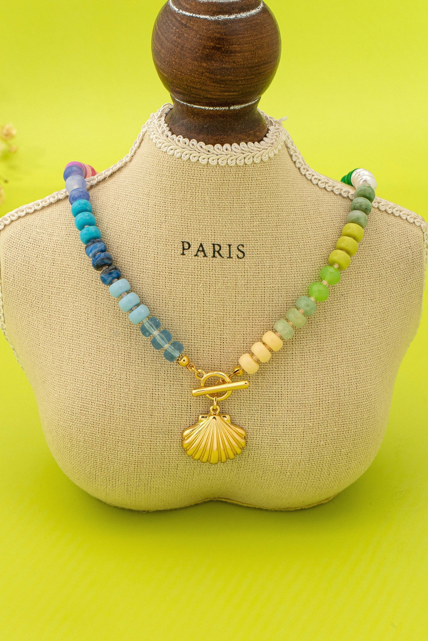 Rainbow Beaded Seashell  Toggle Charm Necklace