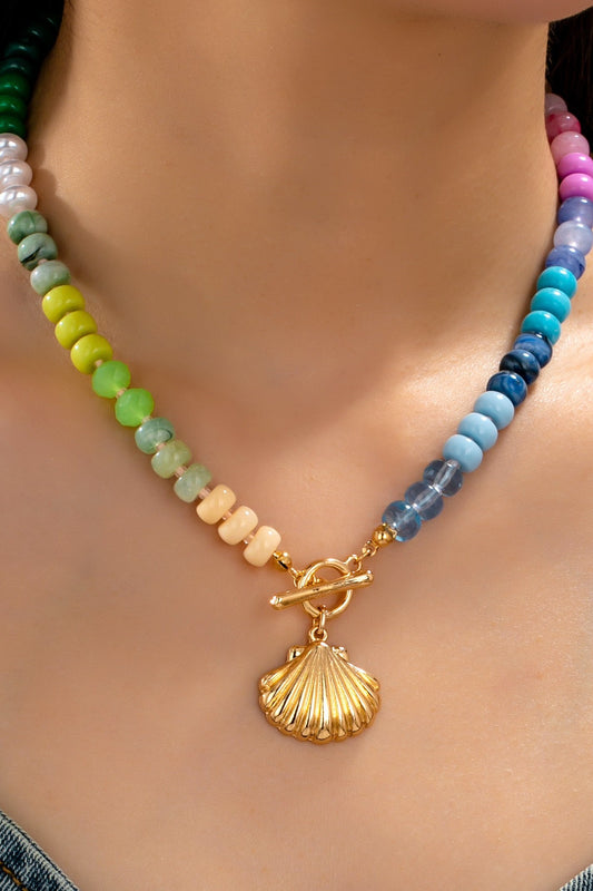 Rainbow Beaded Seashell  Toggle Charm Necklace