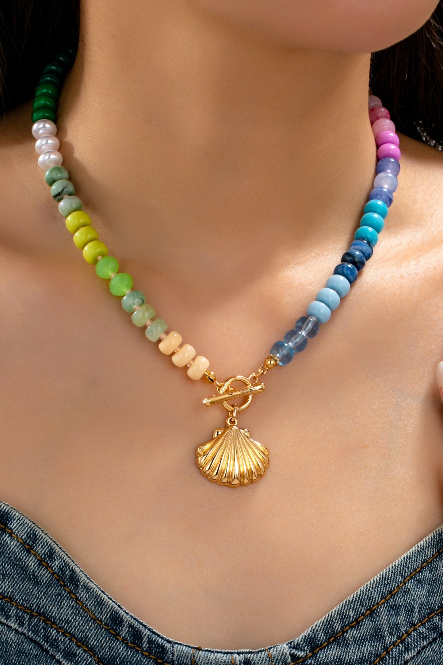 Rainbow Beaded Seashell  Toggle Charm Necklace