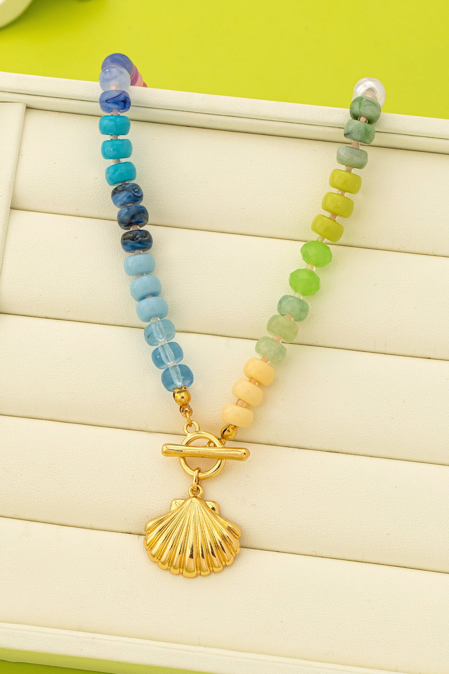 Rainbow Beaded Seashell  Toggle Charm Necklace