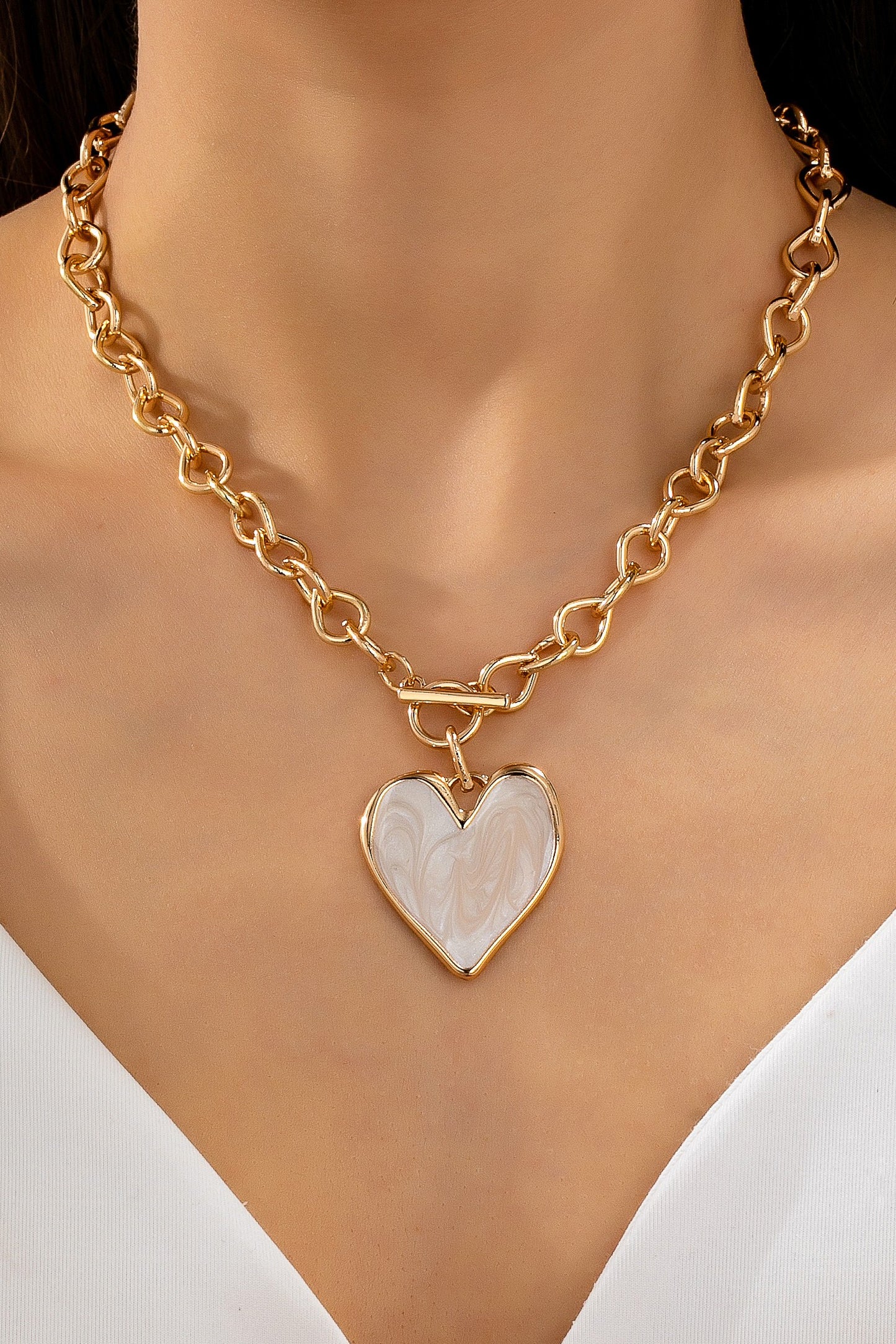 White Inlay Heart Toggle Necklace